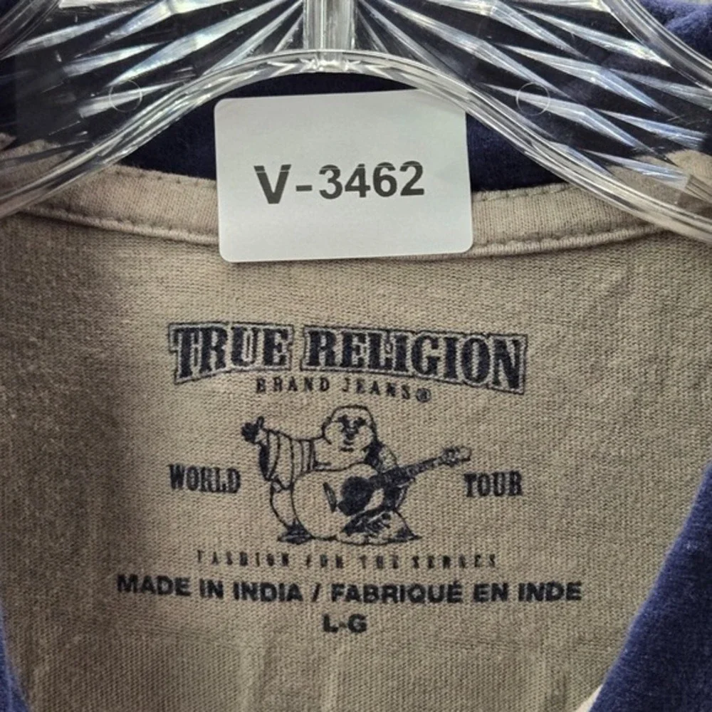 True‎ Religion Men Polo Shirt Large Beige Rugby Logo Embroidered Long Sleeve